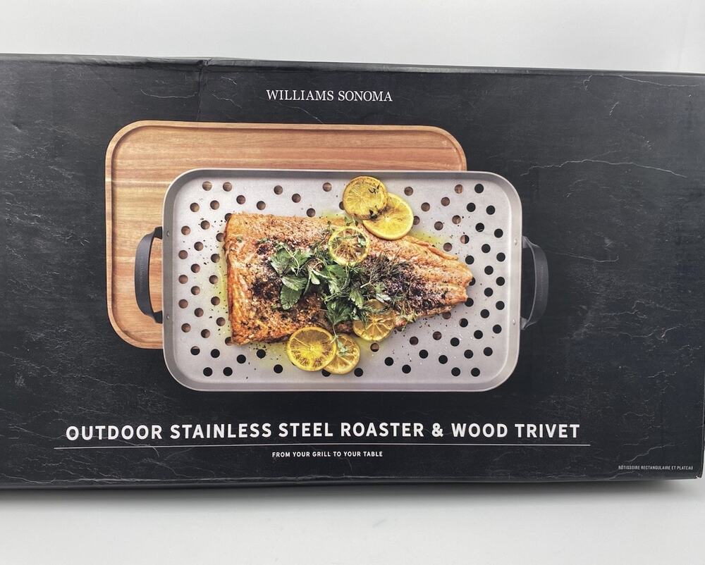 NEW Williams Sonoma Outdoor Stainless Steel Roaster Pan & Wood Trivet Set